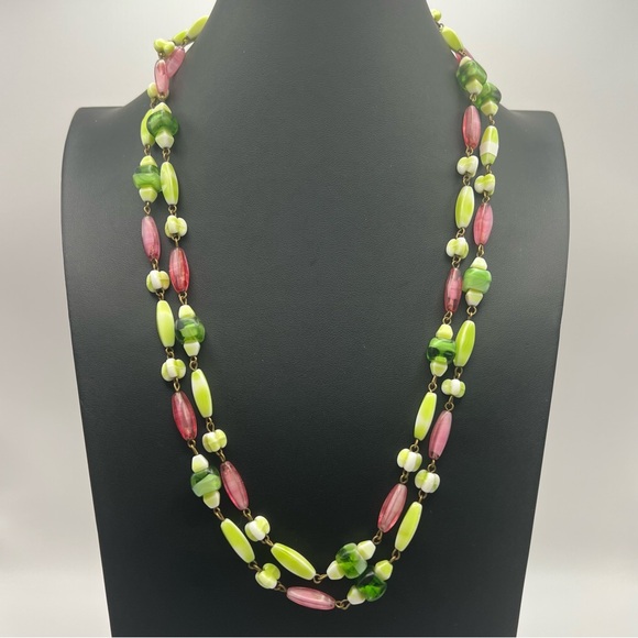 Super Long Vintage Green and Pink Czech Glass Beaded Necklace